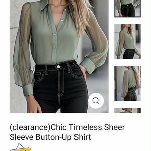 Chic Timeless Sheer Sleeve Button-Up Shirt - Green
